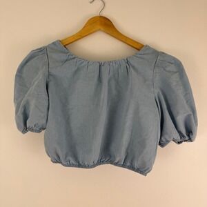 Style House Women Light Blue‎ Denim Puff Sleeve Bow Back Cropped Top 100% Cotton